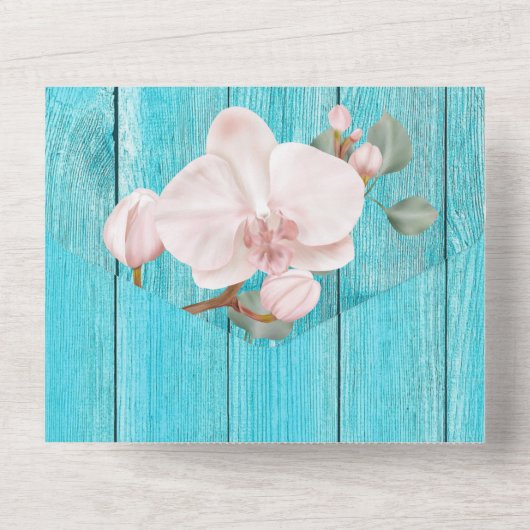 Roze groene tropische orchidee elegant strand hout all in one uitnodiging (Achterkant)