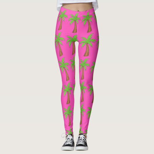Roze groene Tropische palmbomen op het eiland Legg Leggings (Voorkant)