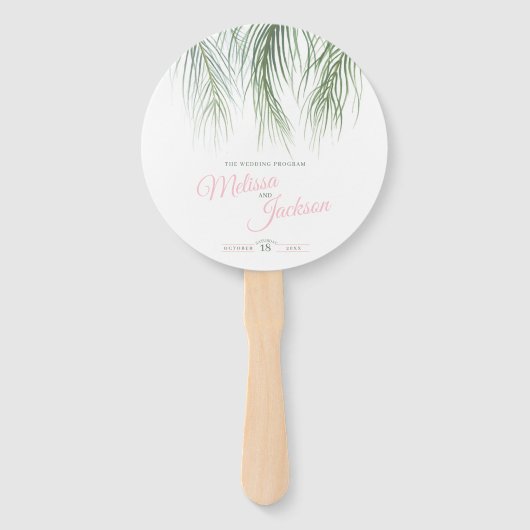 Roze groene tropische palmen waterverf kunst handwaaier (Voorkant)