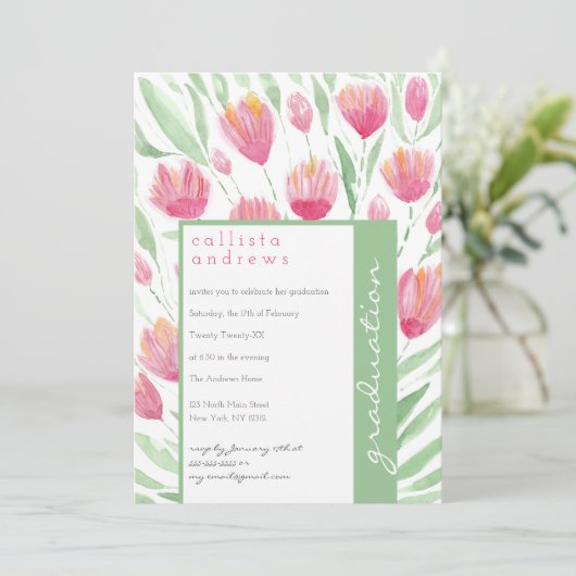 Roze Groene Tulp Bloemen Waterverf Afstuderen Kaart (Staand voorkant)