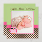 Roze groene uil foto geboorte aankondiging (Voorkant / Achterkant)