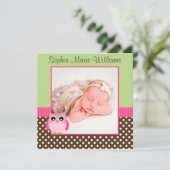 Roze groene uil foto geboorte aankondiging (Staand voorkant)