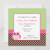 Roze groene uil foto geboorte aankondiging (Achterkant)