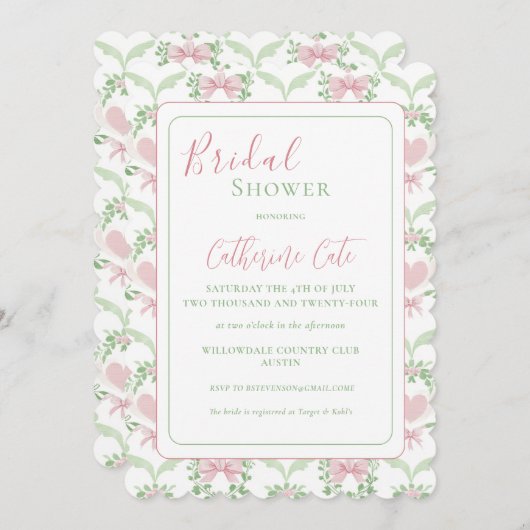 Roze & Groene Vintage Bruidsdouche Uitnodiging (Voorkant / Achterkant)