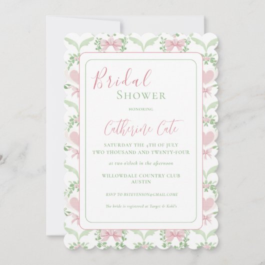 Roze & Groene Vintage Bruidsdouche Uitnodiging (Voorkant)