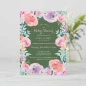 Roze groene Vintage Floral Baby shower Uitnodiging (Staand voorkant)