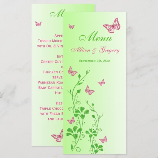 Roze groene vlinder Floral Menu Kaart (Voorkant / Achterkant)