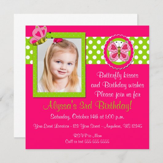 Roze groene vlinder - uitnodiging (Voorkant / Achterkant)