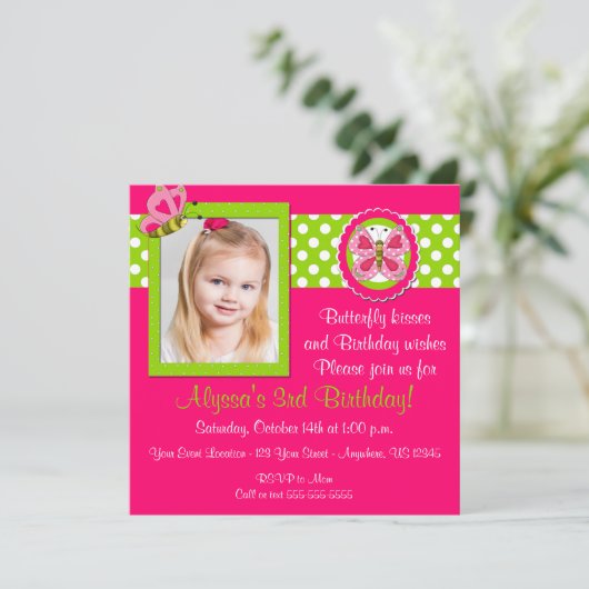 Roze groene vlinder - uitnodiging (Staand voorkant)