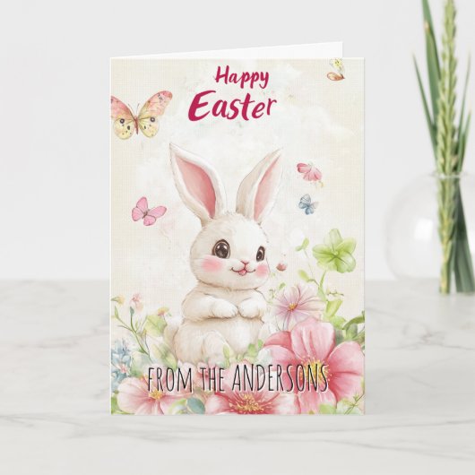 Roze groene vlinders en schattig konijntje feestdagen kaart (Voorkant)