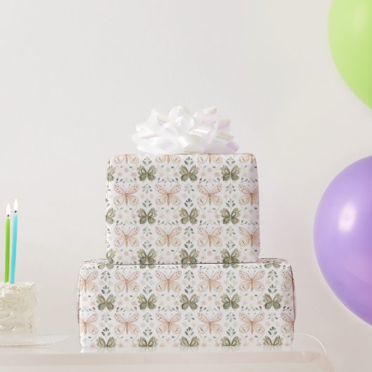 Roze Groene Vlinders Verjaardag Cadeaupapier (Feestgeschenken)