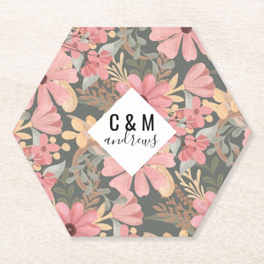 Roze groene vloeren laten Waterverf patroon achter Kartonnen Onderzetters (Voorkant)