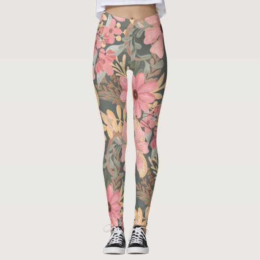 Roze groene vloeren laten Waterverf patroon achter Leggings (Voorkant)