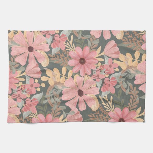 Roze groene vloeren laten Waterverf patroon achter Theedoek (Horizontaal)