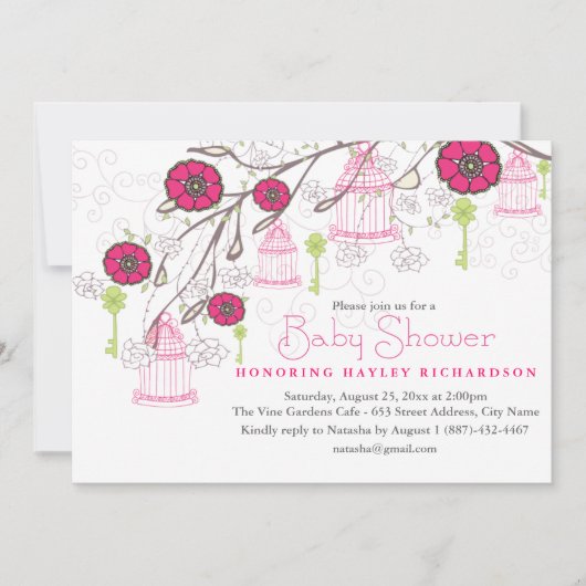 Roze & Groene Vogelkooi Baby shower Uitnodiging (Voorkant)