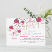Roze & Groene Vogelkooi Baby shower Uitnodiging (Staand voorkant)