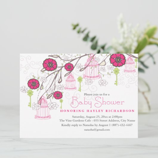 Roze & Groene Vogelkooi Baby shower Uitnodiging (Staand voorkant)