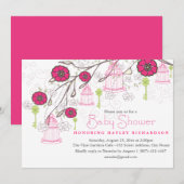 Roze & Groene Vogelkooi Baby shower Uitnodiging (Voorkant / Achterkant)