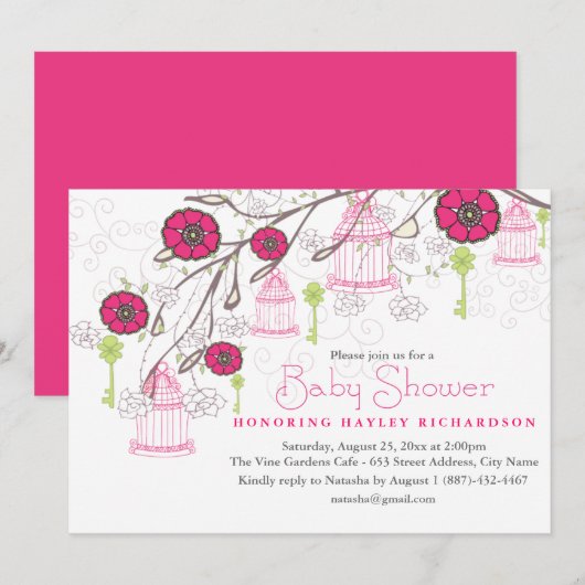 Roze & Groene Vogelkooi Baby shower Uitnodiging (Voorkant / Achterkant)