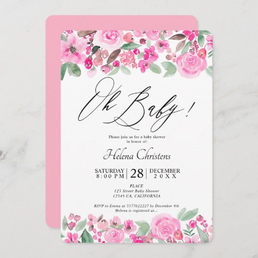 Roze groene waterverf baby shower kaart (Voorkant / Achterkant)