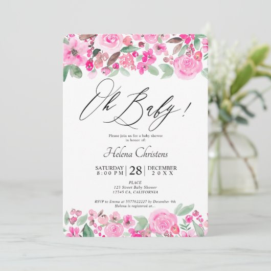 Roze groene waterverf baby shower kaart (Staand voorkant)