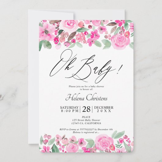 Roze groene waterverf baby shower kaart (Voorkant)