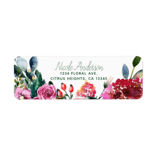 Roze groene Waterverf bloemen  Floral Chic Etiket (Voorkant)