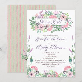 Roze Groene Waterverf Bloemen Meisje Baby shower Kaart