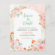 Roze & groene waterverf bloemen save the date