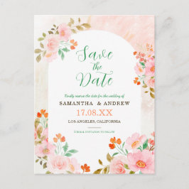 Roze & groene waterverf bloemen save the date aankondigingskaart