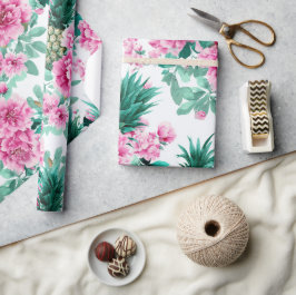 Roze Groene Waterverf Bloemige Ananas Patronen Cadeaupapier