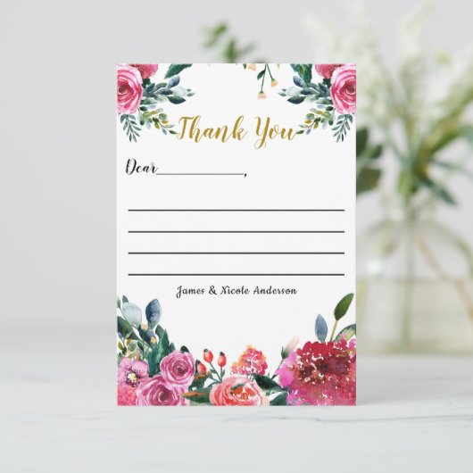 Roze groene Waterverf  Floral Hartelijk dank Bedankkaart (Staand voorkant)