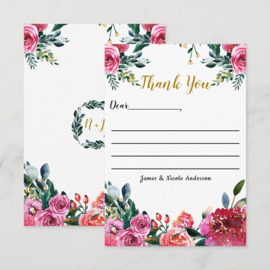 Roze groene Waterverf  Floral Hartelijk dank Bedankkaart (Voorkant / Achterkant)