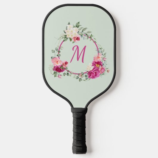 Roze + groene Waterverf Floral Monogram Initiaal Pickleball Paddle (Voorkant)
