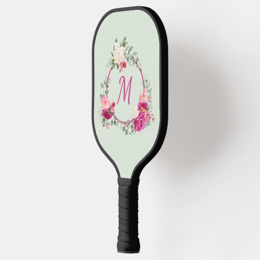 Roze + groene Waterverf Floral Monogram Initiaal Pickleball Paddle (Links)