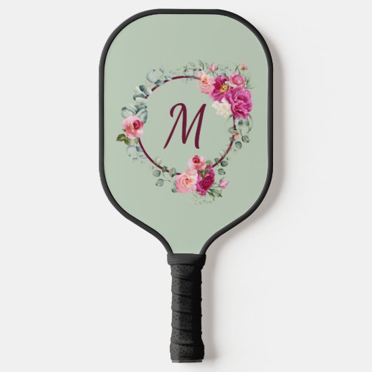 Roze + groene Waterverf Floral Monogram Initiaal Pickleball Paddle (Voorkant)