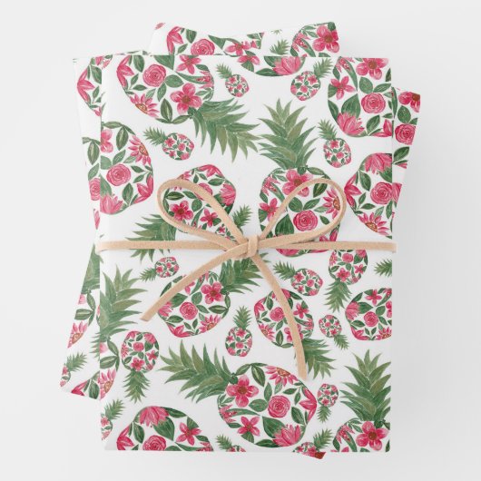 Roze groene Waterverf Floral Pineapples Patroon Inpakpapier Vel (In situ)