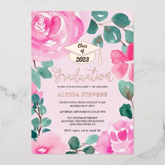 Roze groene waterverf foto afstuderen folie uitnodiging (Voorkant)