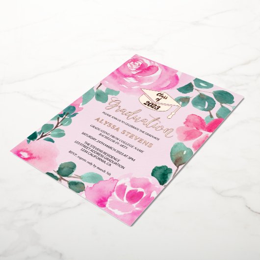 Roze groene waterverf foto afstuderen folie uitnodiging (Gedraaid)