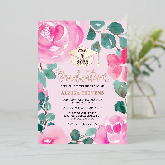 Roze groene waterverf foto afstuderen folie uitnodiging (Staand Voorkant)