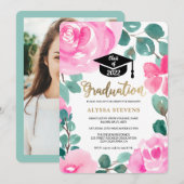 Roze groene waterverf foto afstuderen kaart (Voorkant / Achterkant)