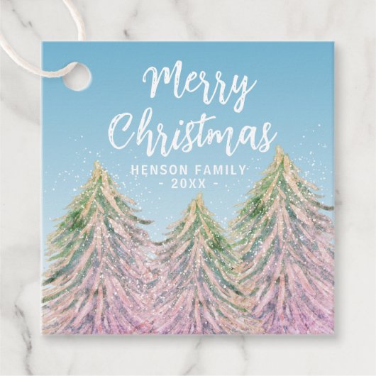 Roze groene Waterverf kerstboom Bedankjes Labels (Voorkant)