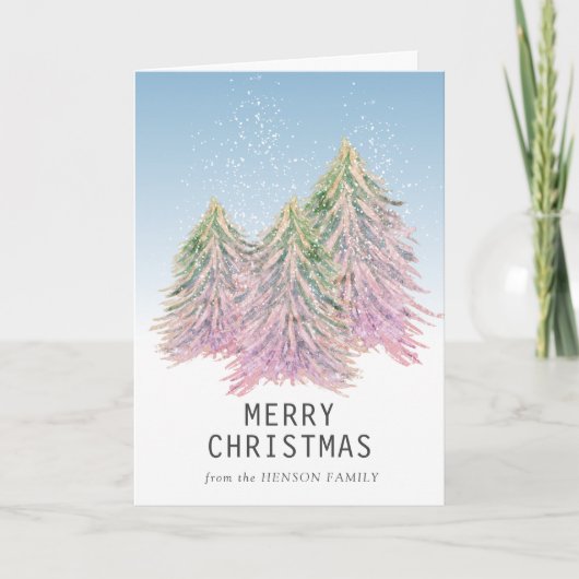 Roze groene Waterverf kerstboom Feestdagen Kaart (Voorkant)