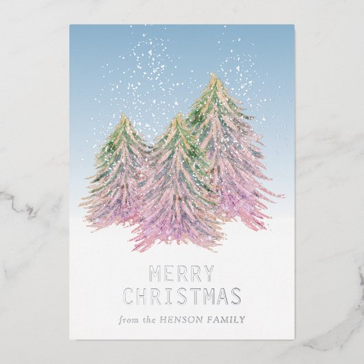 Roze groene Waterverf kerstboom Folie Feestdagenkaart (Voorkant)