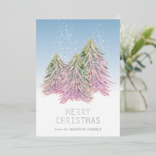 Roze groene Waterverf kerstboom Folie Feestdagenkaart (Staand Voorkant)