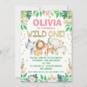 Roze groene waterverf safari verjaardagsuitnodigin kaart (Voorkant)