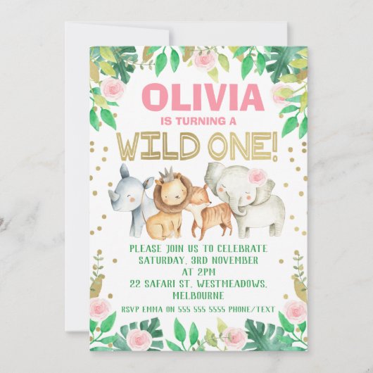 Roze groene waterverf safari verjaardagsuitnodigin kaart (Voorkant)
