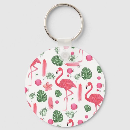 Roze groene waterverf tropische flamingo floral sleutelhanger (Voorkant)