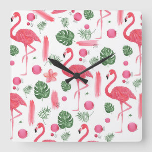 Roze groene waterverf tropische flamingo floral vierkante klok