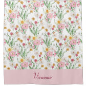 Roze Groene Waterverf Wildbloem Monogram Douchegordijn (Voorkant)